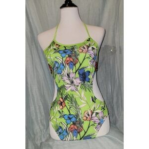 Green tropical One Piece Swimsuit small, halter style
